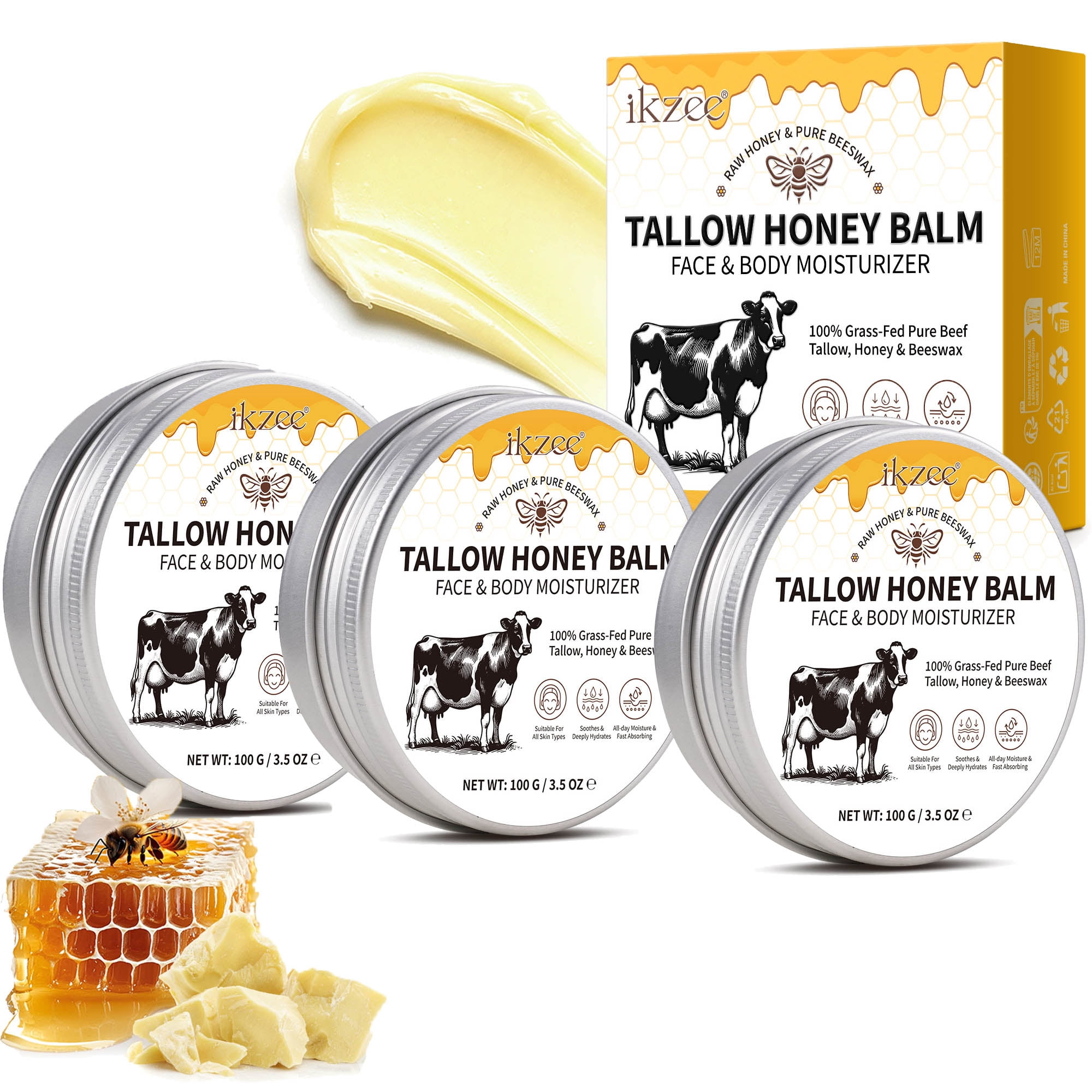 (3 pack) Ikzee Beef Tallow Balm for Skin Care 3.5oz, Face Cream Body Moisturizer, Tallow Honey Balm, Raw Honey & Pure Beeswax
