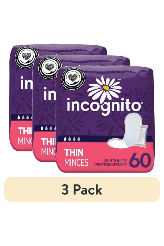 (3 pack) Incognito Thin Liners, Regular, Unscented (60 Count)