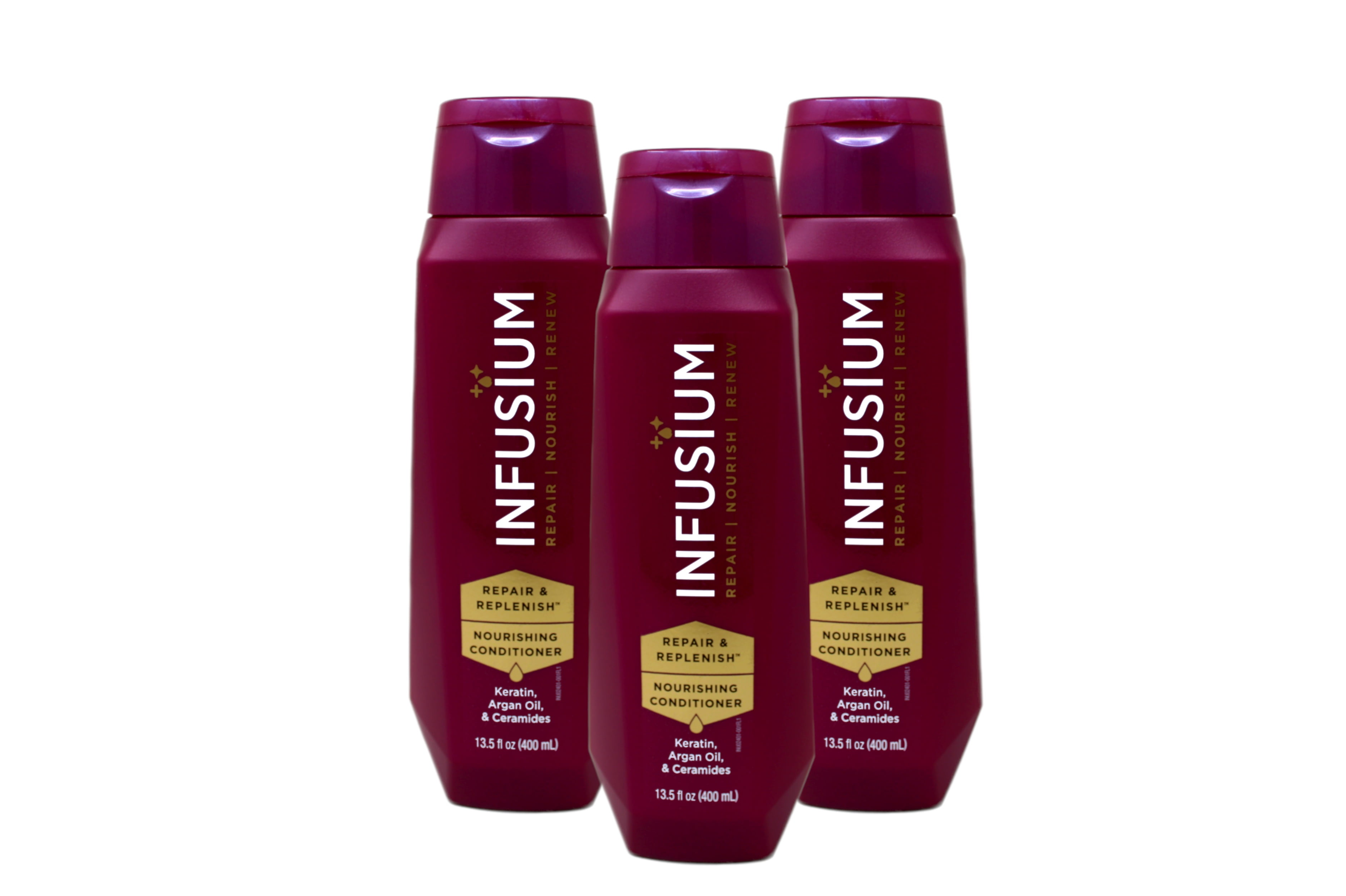 (3 pack) Infusium Repair & Replenish Conditioner, Nourish, Renew, with Keratin, Argan Oil, Ceramides for Dry, Damaged Hair, 13.5 Fl Oz