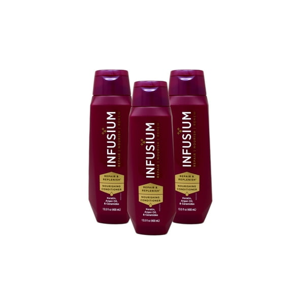 (3 pack) Infusium Repair & Replenish Conditioner, Nourish, Renew, with Keratin, Argan Oil, Ceramides for Dry, Damaged Hair, 13.5 Fl Oz
