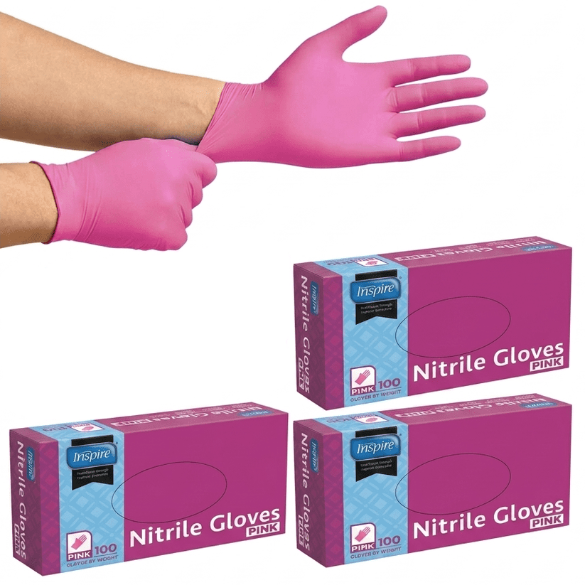 (3 pack) Inspire Pink Gloves Disposable Latex Free | Nitrile Pink Glove Hair and Nail Salon, Esthetician Nitrile Disposable Gloves (100, Medium)