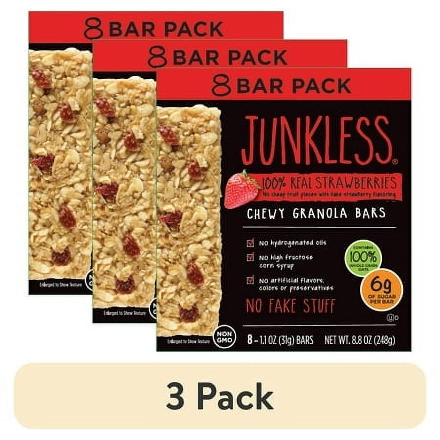 (3 pack) Junkless Chewy Strawberry Granola Snack Bars, 1.1 oz, 8 Count
