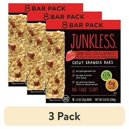 (3 pack) Junkless Chewy Strawberry Granola Snack Bars, 1.1 oz, 8 Count