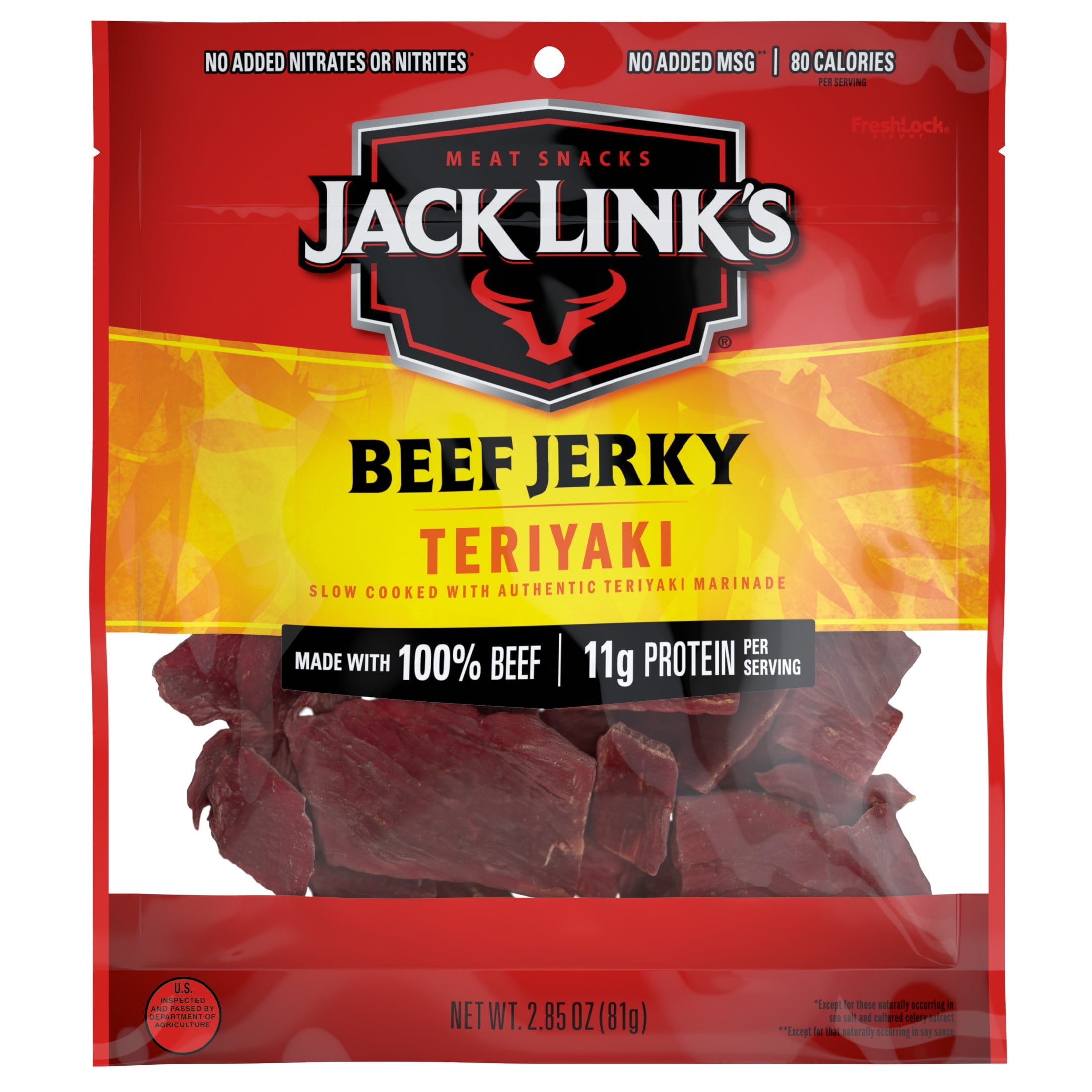 (3 pack) Jack Links Beef Jerky, Teriyaki, Made with 100% Beef, 11g of Protein per Serving, 2.85 oz Bag
