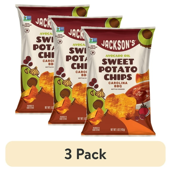 (3 pack) Jackson's Sweet Potato Carolina BBQ Kettle Chips, Avocado Oil, Free of Top 9 Allergens, 5 oz