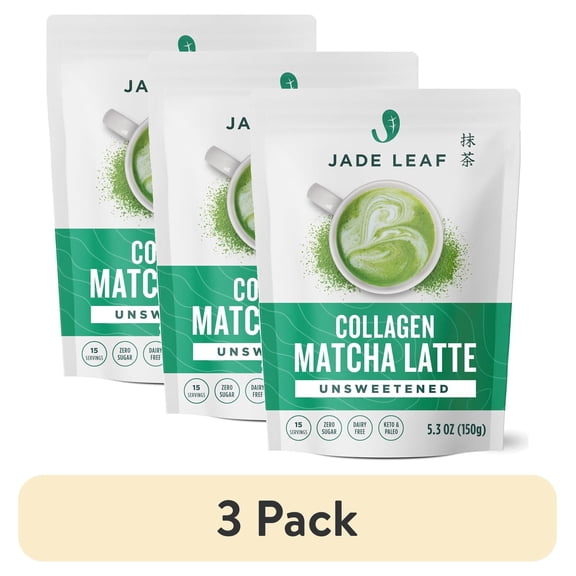 (3 pack) Jade Leaf Matcha Latte, Unsweetened Grass Fed Collagen and Organic Matcha, Premium Barista Crafted Mix, 5.3 oz