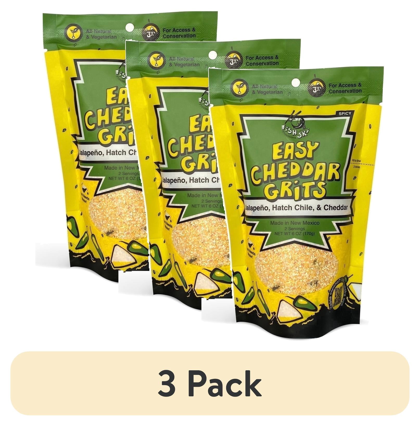 (3 pack) FishSki Provisions Jalapeno Hatch Green Chile Cheddar Yellow Corn Grits, Dry Mix, Easy to Prepare, Shelf-Stable, Bag, 6 oz