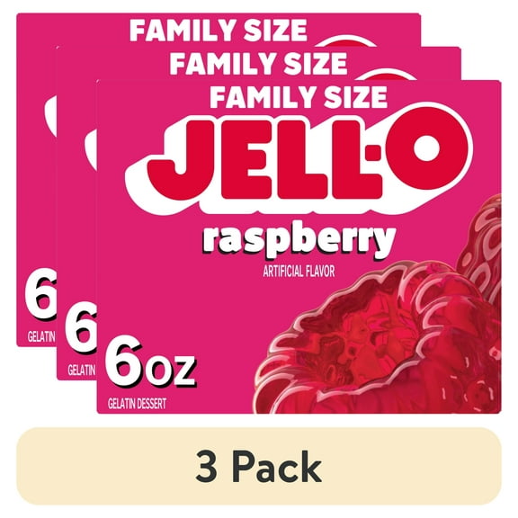 (3 pack) Jell-O Raspberry Gelatin Dessert Mix, Family Size, 6 oz Box
