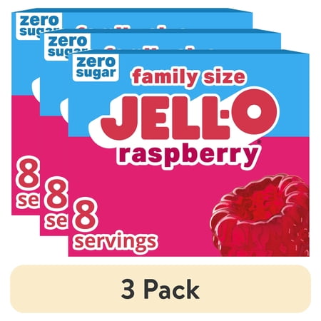 (3 pack) Jell-O Raspberry Zero Sugar Gelatin Dessert Mix, Family Size, 0.6 oz Box