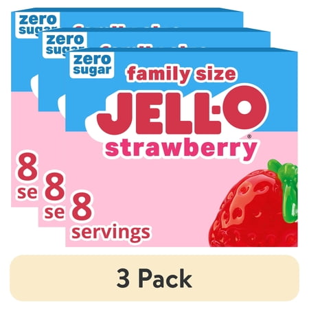 (3 pack) Jell-O Strawberry Zero Sugar Low Calorie Gelatin Dessert Mix, Family Size, 0.6 oz Box