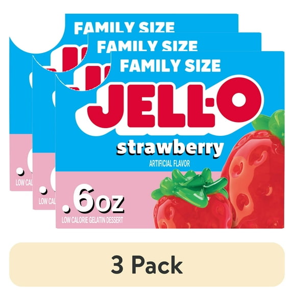(3 pack) Jell-O Strawberry Zero Sugar Low Calorie Gelatin Dessert Mix, Family Size, 0.6 oz Box
