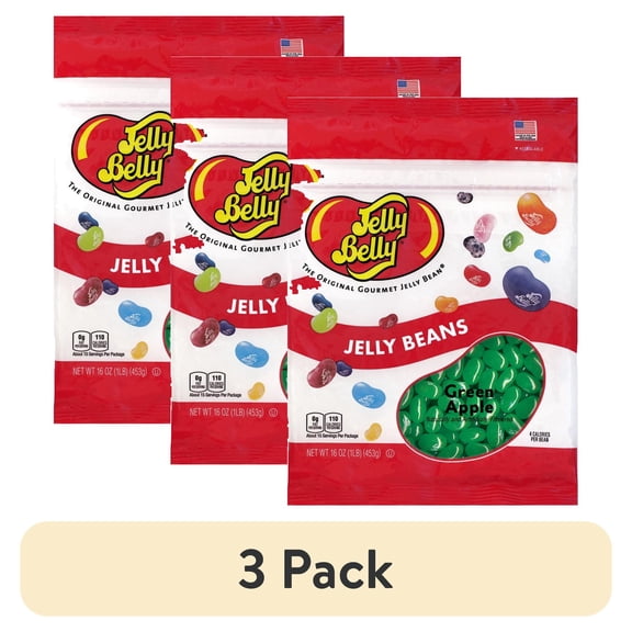 (3 pack) Jelly Belly Green Apple Jelly Beans - 1 Pound (16 Ounces), Green Apple Flavor Candy, Resealable Bag