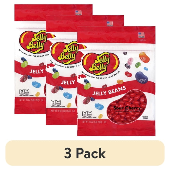 (3 pack) Jelly Belly Sour Cherry Jelly Beans - 1 Pound (16 Ounces), Tart Cherry Flavor Candy, Resealable Bag