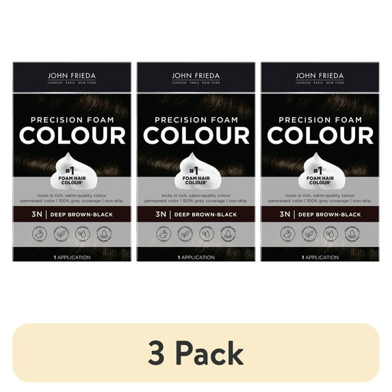 (3 pack) John Frieda Precision Foam Brown Black Permanent Hair Dye Color Kit, 3N Deep Brown Black, 1 Application
