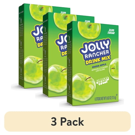 (3 pack) Jolly Rancher Green Apple Sugar-Free Singles to Go Powdered Drink Mix, 6 Count Packets