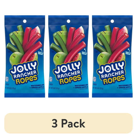 (3 pack) Jolly Rancher Ropes Watermelon and Green Apple Flavored Candy, Bag 6 oz