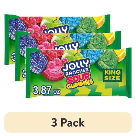 (3 pack) Jolly Rancher Sour Gummies Assorted Fruit Flavored King Size Candy, Bag 3.87 oz