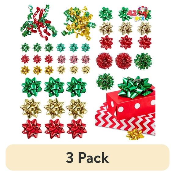 (3 pack) Joyfy 42 Pcs Christmas Pull Bows with Ribbon Assorted Size Self Adhesive Gift Wrapping Accessory for Presents, Bows, Baskets, Wine Bottles Decoration, Gift Wrapping and Decoration Present