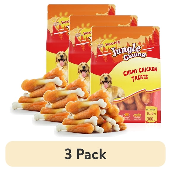 (3 pack) Jungle Calling Chewy Chicken Dog Treats Rawhide Free Real Chicken Calcium Bone, Teeth Clean Breath Fresh Dog Training Treats