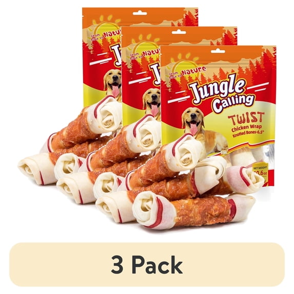 (3 pack) Jungle Calling Chicken Wrap Knotted Bones Dog Chews, Long Lasting for Large Dogs Training Treats