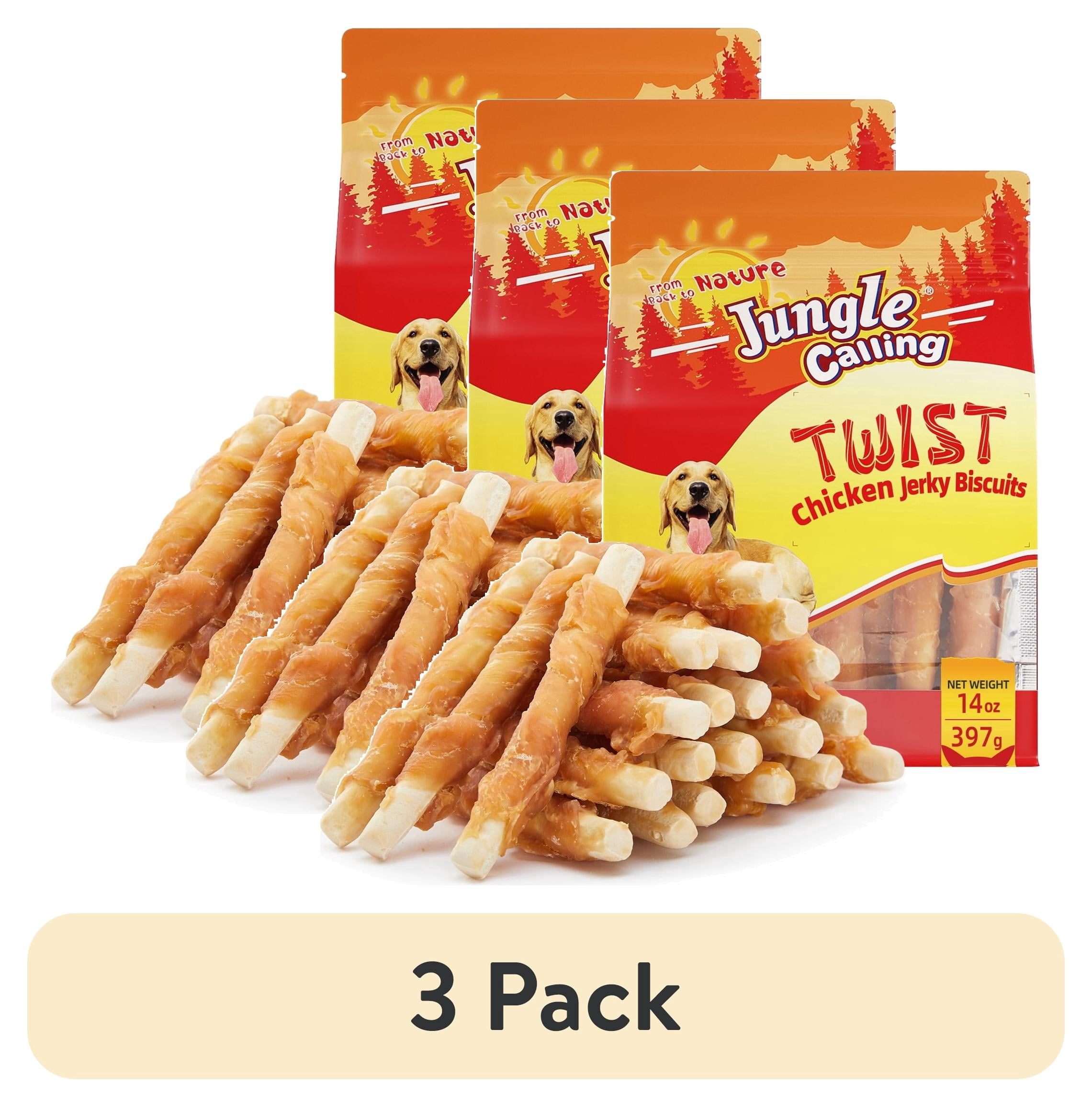 (3 pack) Jungle Calling Chicken Wrapped Biscuits Rawhide-Free Dog Treats, 14-oz bag