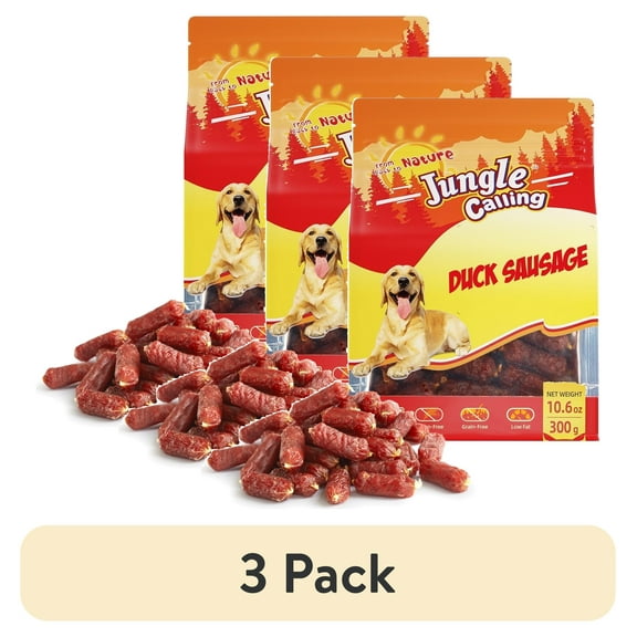 (3 pack) Jungle Calling Duck Sausage Dog Treats, Single Ingredient Duck Jerky for Small & Medium Dogs, 10.6 oz