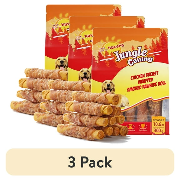 (3 pack) Jungle Calling Dog Treats Smoked Chicken Wrapped Rawhide Rolls, High Protein Dog Chews, Rawhide Chews for Medium and Large Dogs