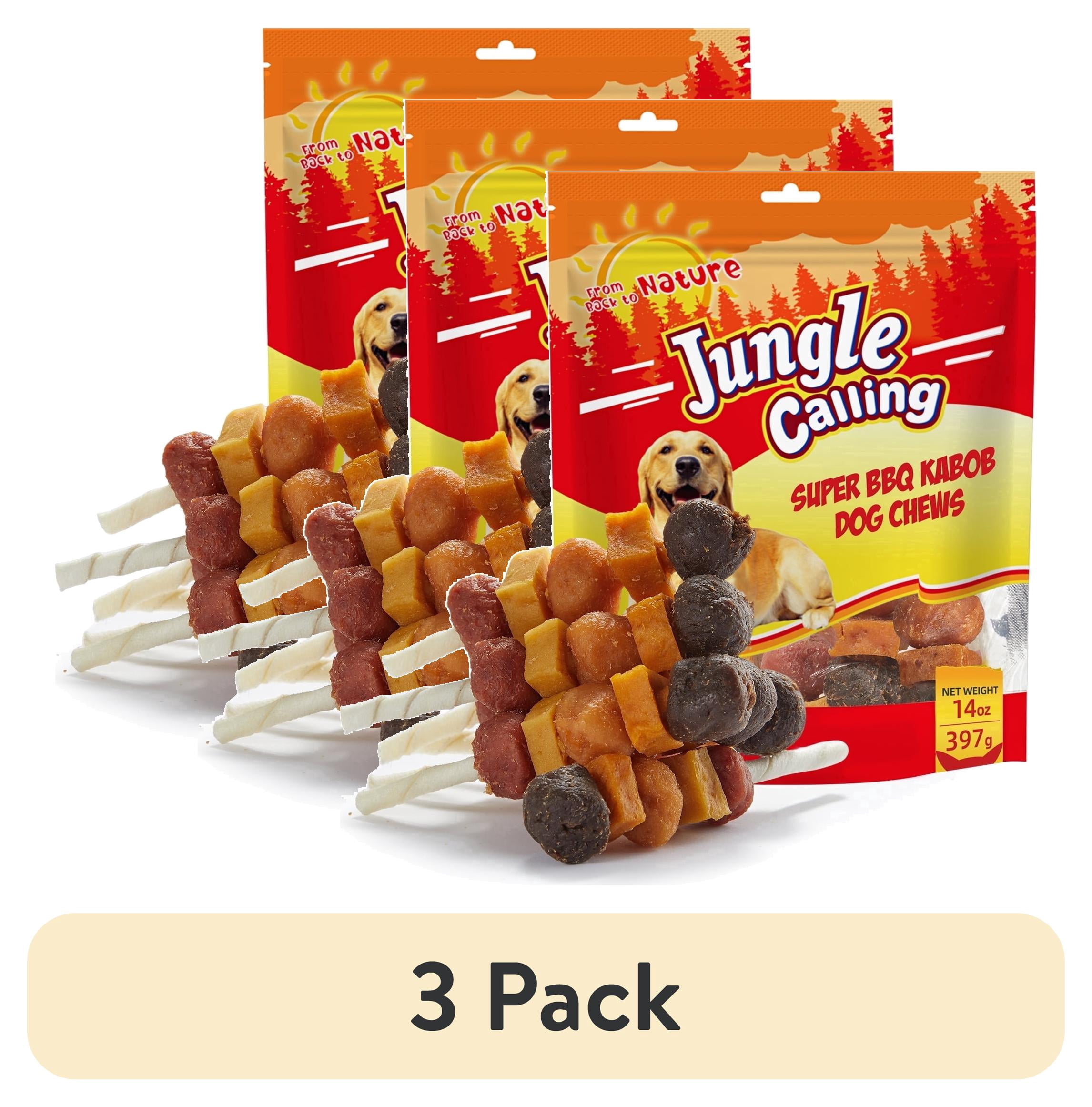 (3 pack) Jungle Calling Chicken, Duck, Beef, Sweet Potato & Pumpkin Rawhide Kabob Dog Treats, 14-oz bag