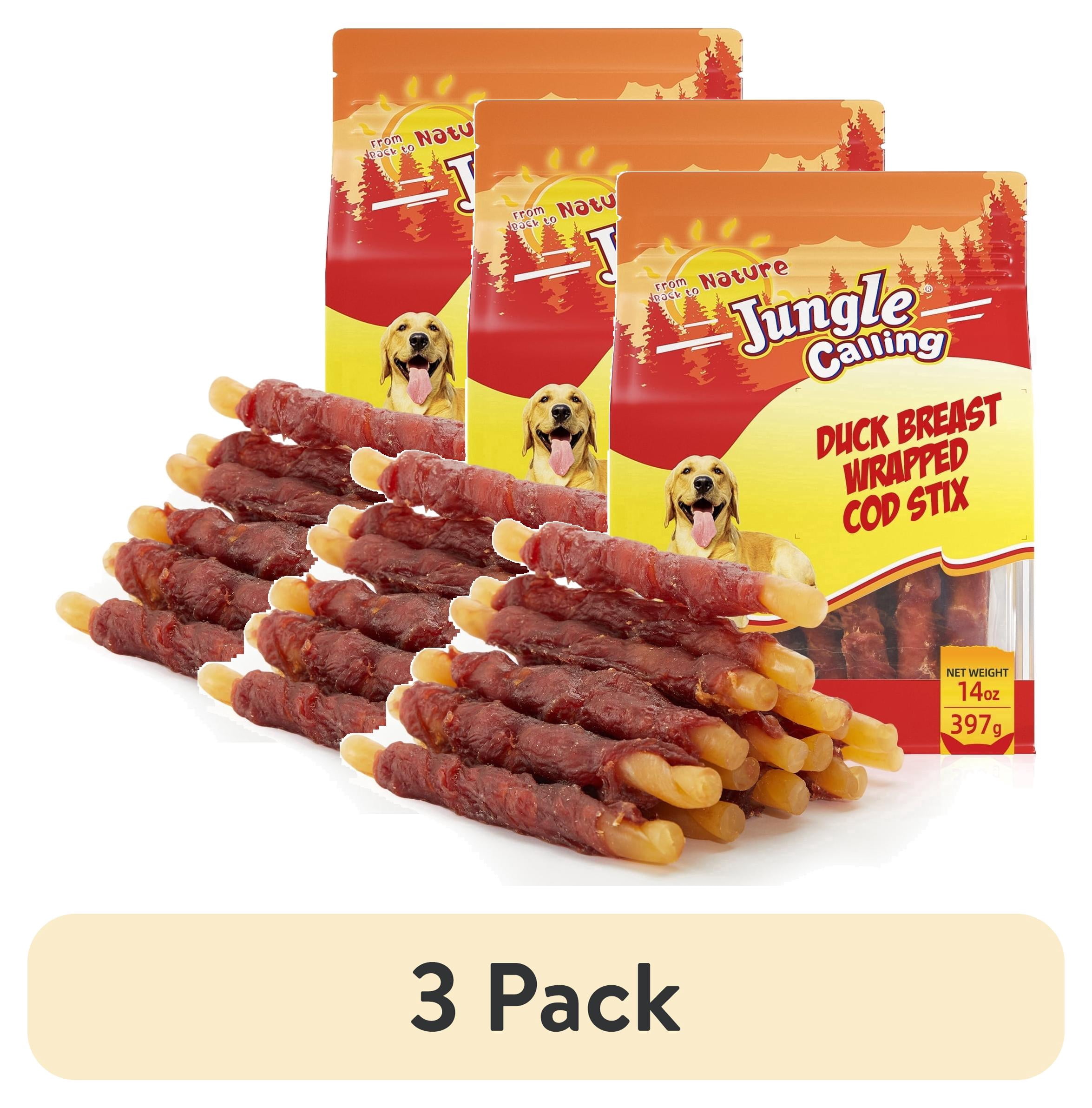 (3 pack) Jungle Calling Duck Wrapped Cod Sticks Dog Treats Rawhide Training Snacks Natural Chewy Sticks, 14oz