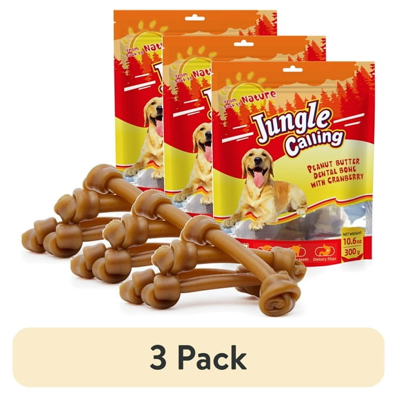 (3 pack) Jungle Calling Rawhide Free 6.5'' Peanut Butter Bones Dog Treats,Dog Chews for Dogs,4 Count
