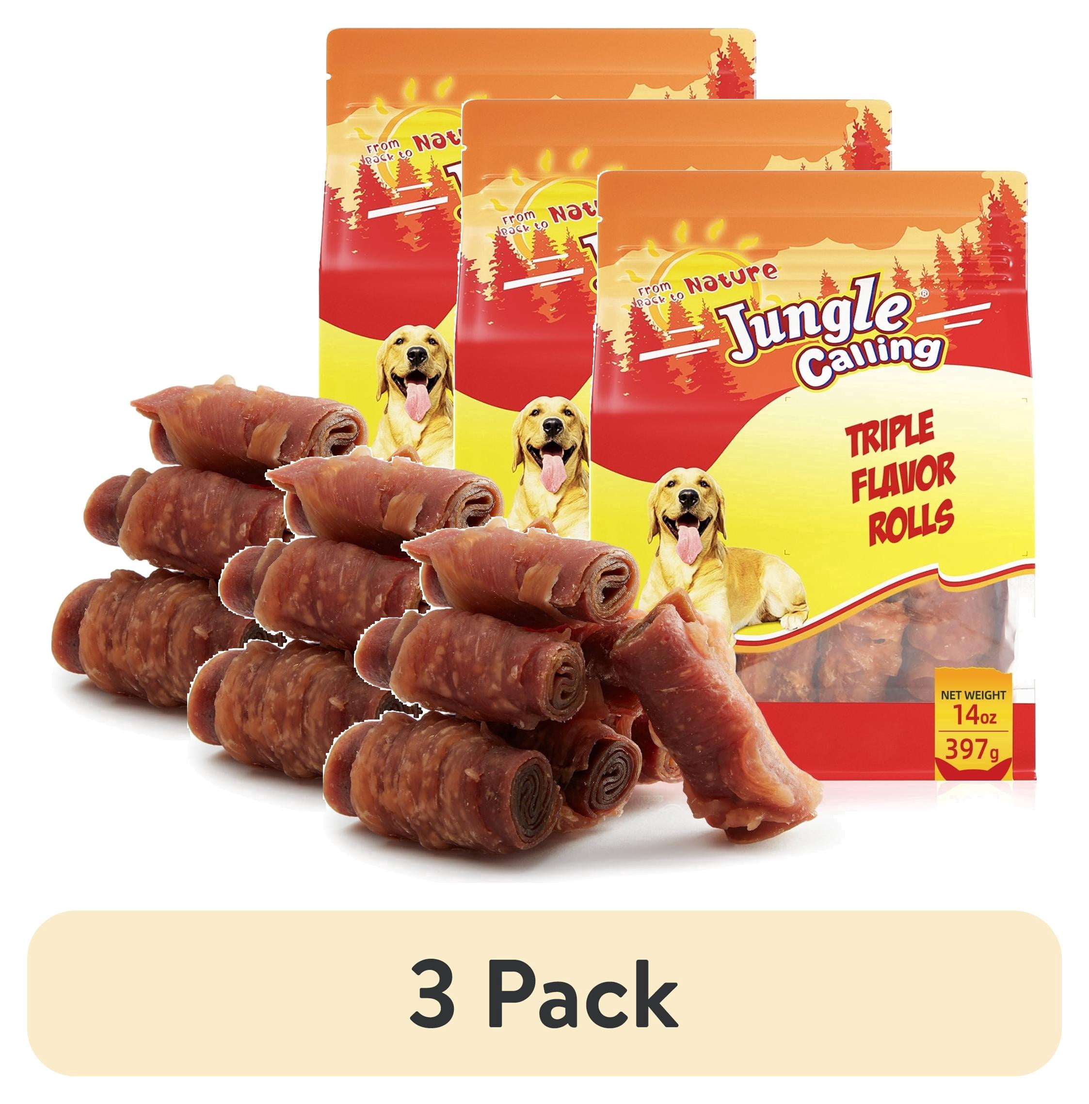 (3 pack) Jungle Calling Triple Flavor Rolls Dog Treats,Real Chicken Duck Beef Meat, Rawhide Free Dog Snacks, 14 OZ