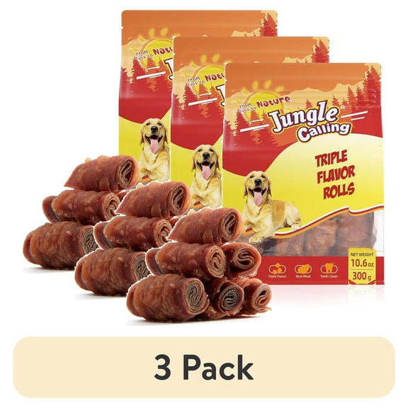 (3 pack) Jungle Calling Triple Flavor Rolls Dog Treats,Real Chicken Duck Beef Meat, Rawhide Free Dog Snacks