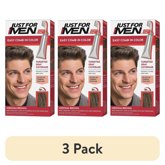 (3 pack) Just For Men Easy Comb-In Color Mens Hair Dye, Easy No Mix Application with Comb Applicator - Medium Brown, A-35, Pack of 1