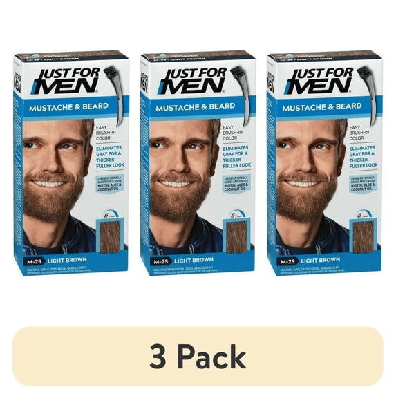 (3 pack) Just For Men Mustache & Beard, Beard Dye for Men with Brush Included for Easy Application, With Keratin Biotin Aloe and Coconut Oil for Healthy Facial Hair - Light Brown, M-25, Pack of 1