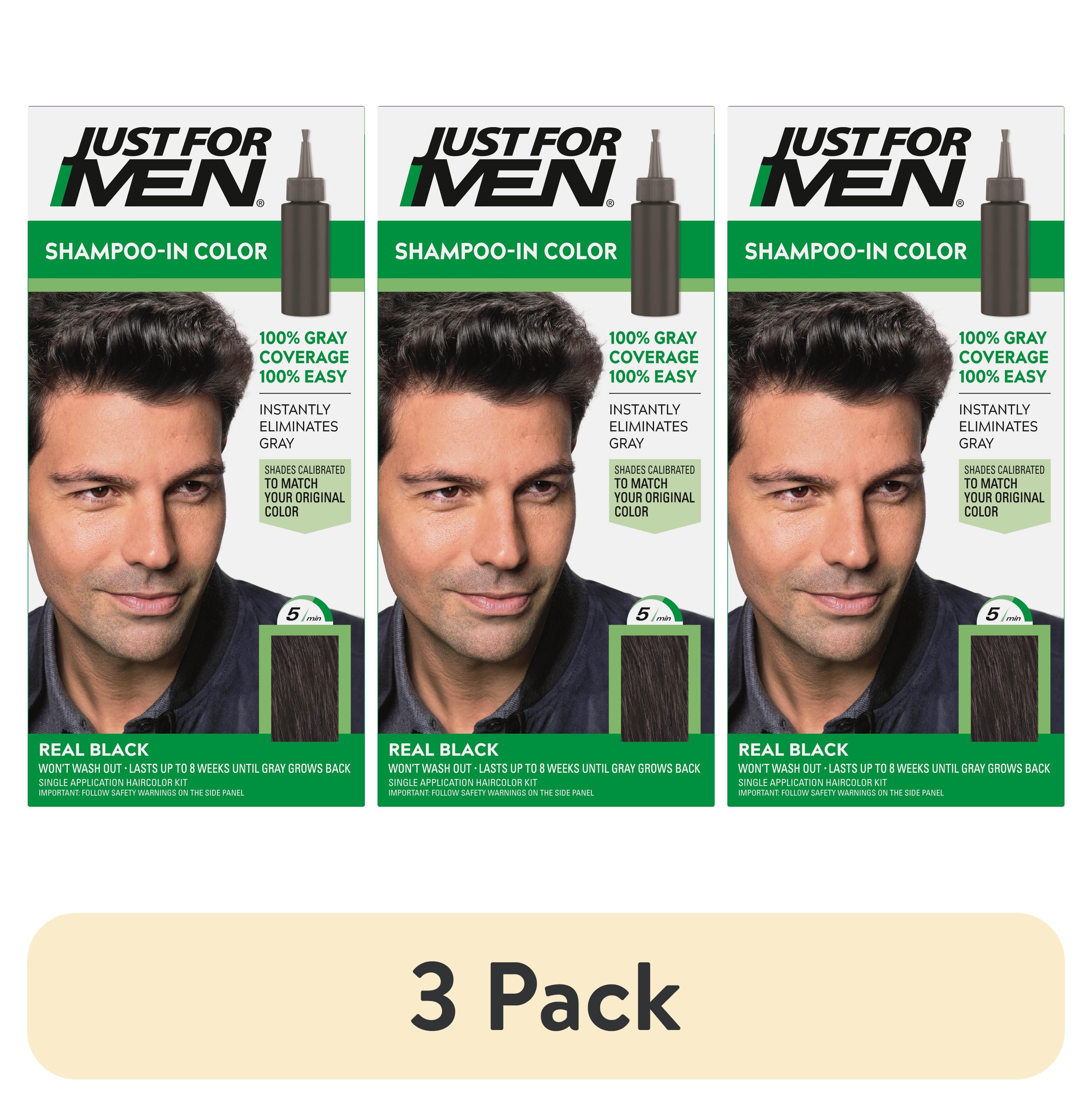 (3 pack) Just For Men Shampoo-In Color (Formerly Original Formula), Mens Hair Color with Keratin and Vitamin E for Stronger Hair - Real Black, H-55, Pack of 1