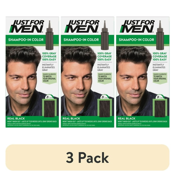 (3 pack) Just For Men Shampoo-in Hair Dye for Men, H-55 Real Black