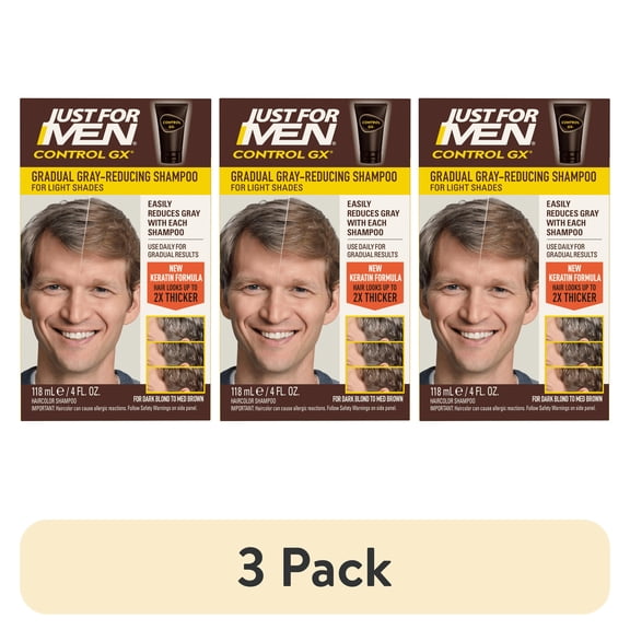 (3 pack) Just For Men Control GX Grey Reducing Shampoo, Gradual Hair Color with Keratin for Stronger Thicker and Healthier Hair, 4 fl oz - Pack of 1 (Packaging May Vary)