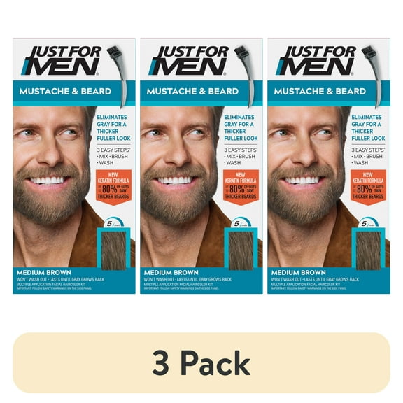 (3 pack) Just For Men Mustache & Beard, Beard Coloring for Gray Hair with Brush, With Keratin (M-35), Medium Brown
