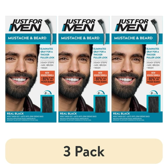 (3 pack) Just For Men Mustache & Beard, Beard Dye for Men with Brush Included for Easy Application, With Keratin Biotin Aloe and Coconut Oil for Healthy Facial Hair - Real Black, M-55 Pack of 1