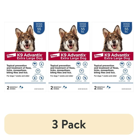 (3 pack) K9 Advantix Flea, Tick & Mosquito Prevention for Extra Large Dogs Over 55 lbs., 2-Monthly Treatments