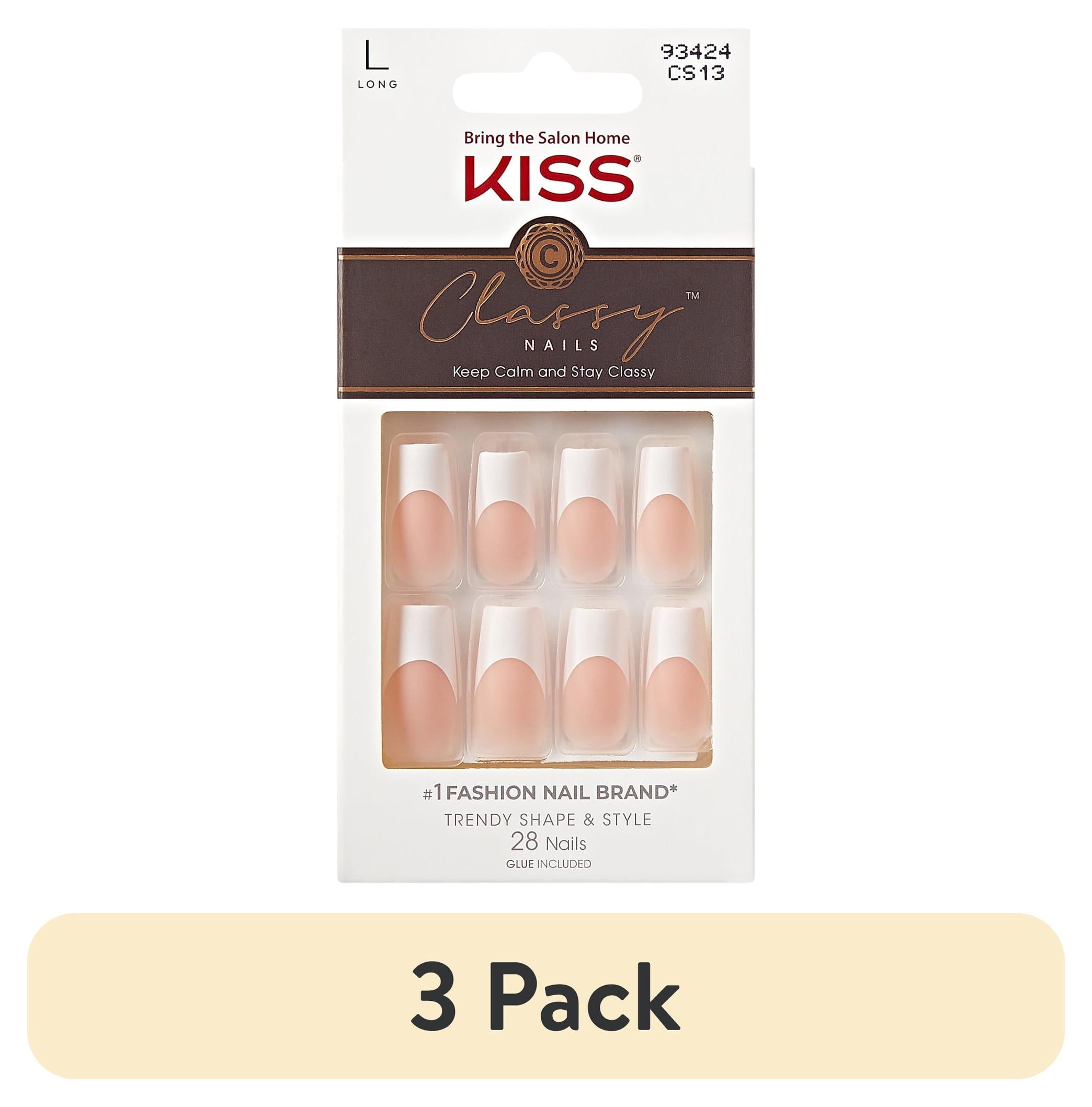 (3 pack) Kiss Classy French Tip Press On Nails, Movin’, White, Long Square, 28 Count