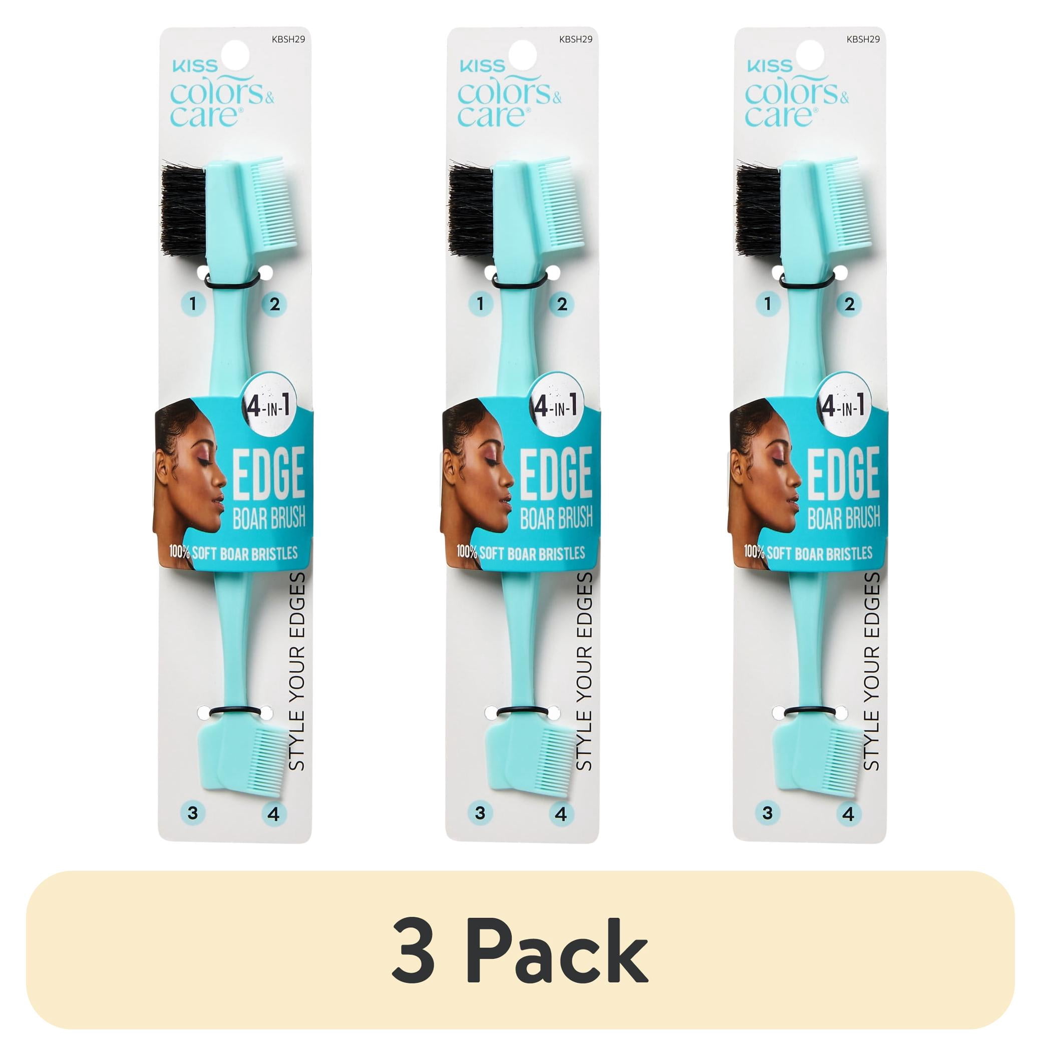 (3 pack) Kiss Colors & Care 4-in-1 Edge Boar Bristle Hair Brush w/ 2 Fine-Tooth Combs & 1 Spatula, Mint