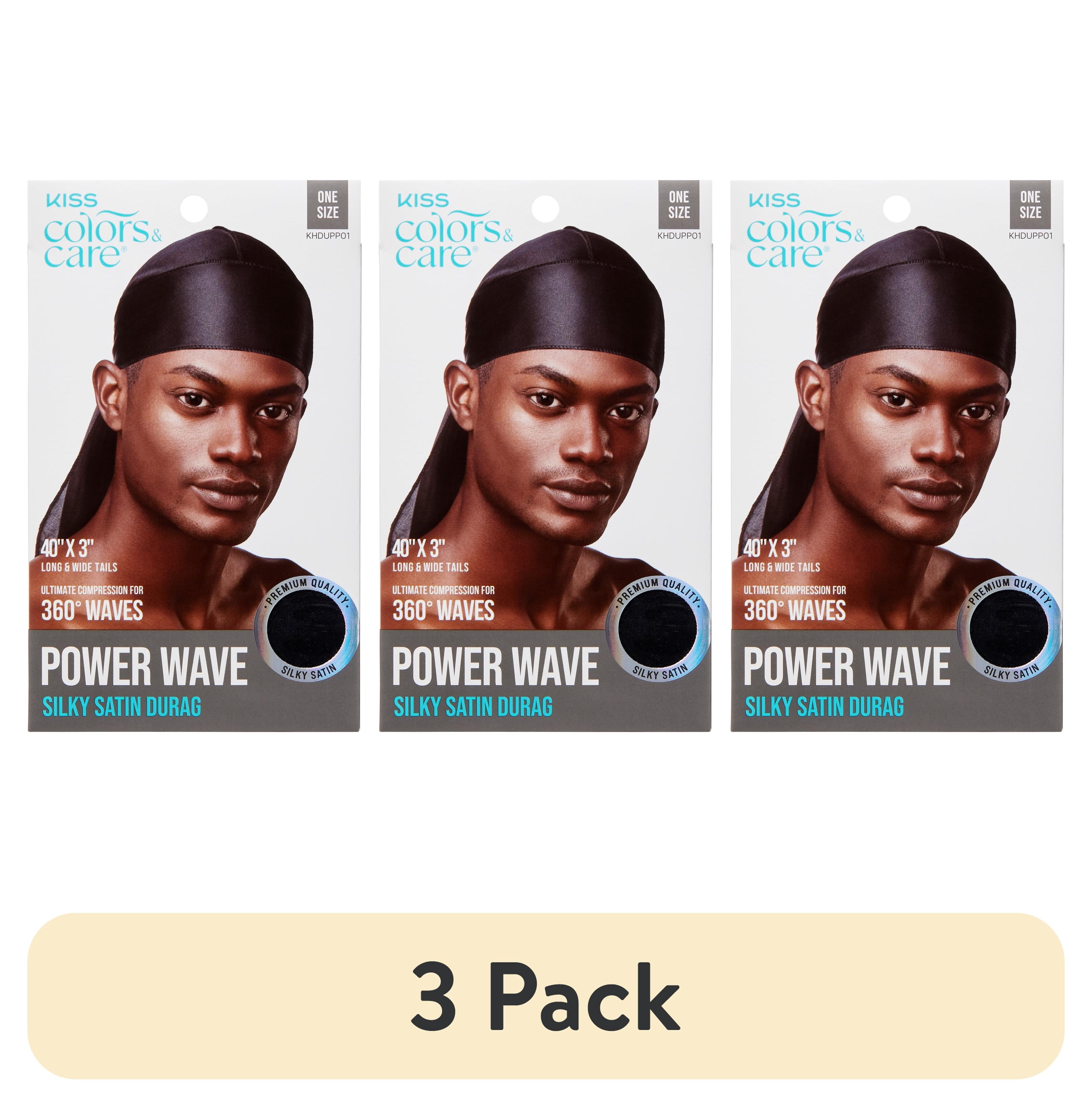 (3 pack) Kiss Colors & Care Power Wave Silky Satin Durag, Solid Black