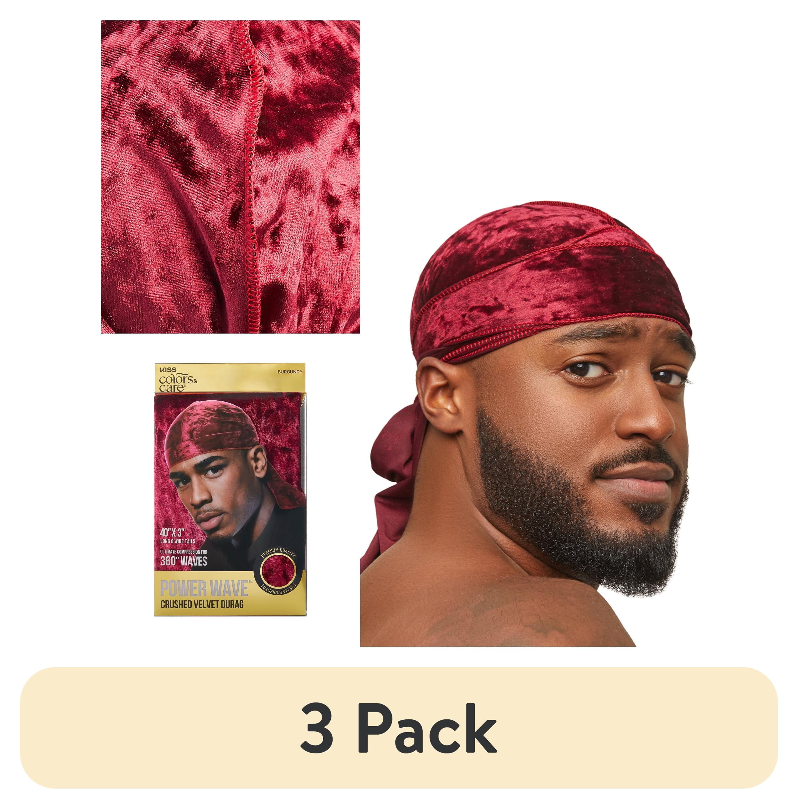 (3 pack) Kiss Colors & Care Power Wave Premium Crushed Velvet Luxe Durag, Burgundy, 1 Ct.