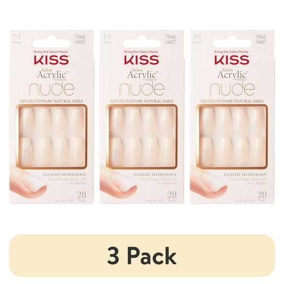(3 pack) KISS Salon Acrylic French Nude Press on Nails, Leilani, Nude, Medium Coffin, 28 Count