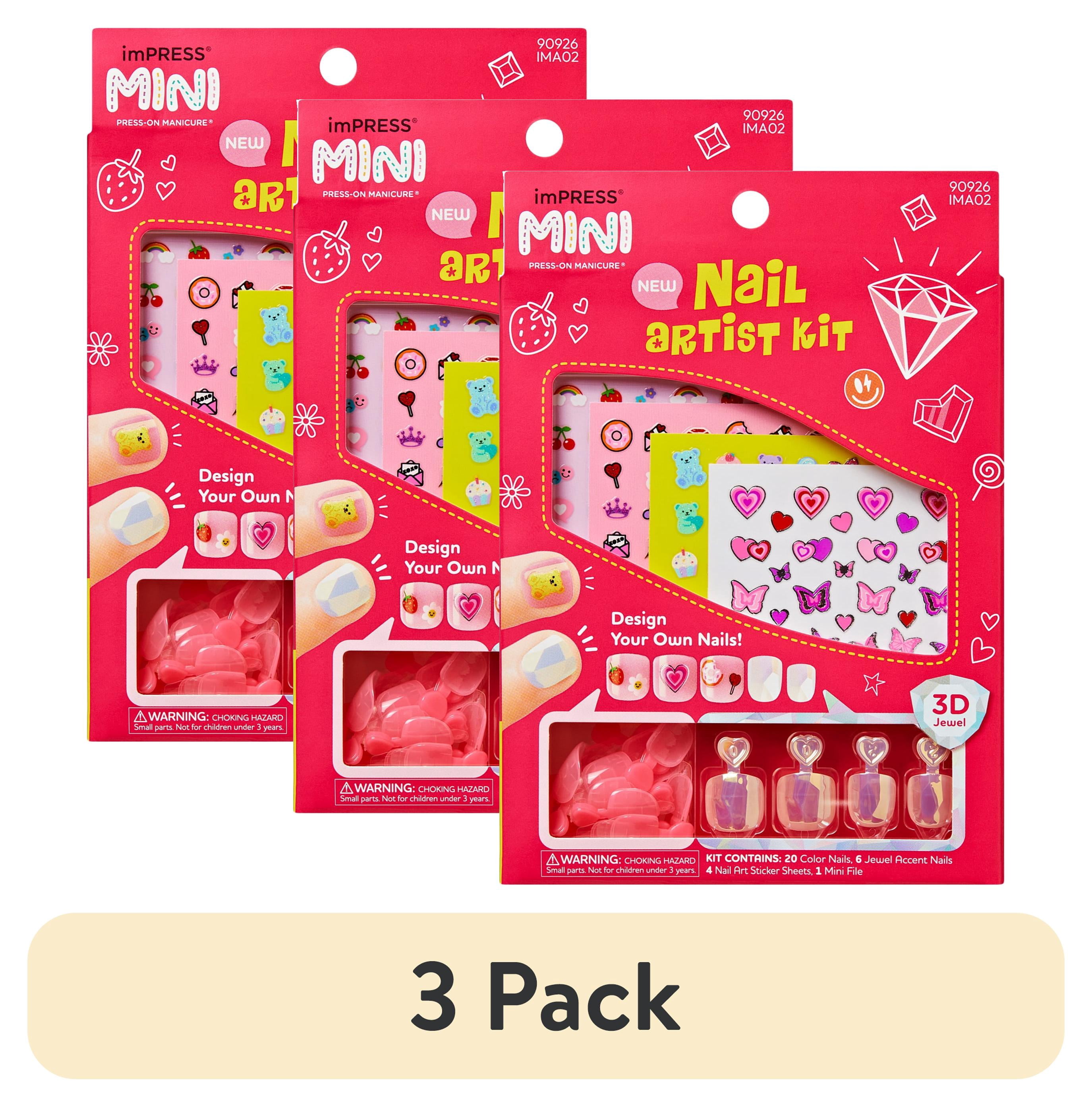 (3 pack) Impress Mini Press On Nail Artist Kit for Kids, Wannabe U, Squoval, 26 Press On Nails