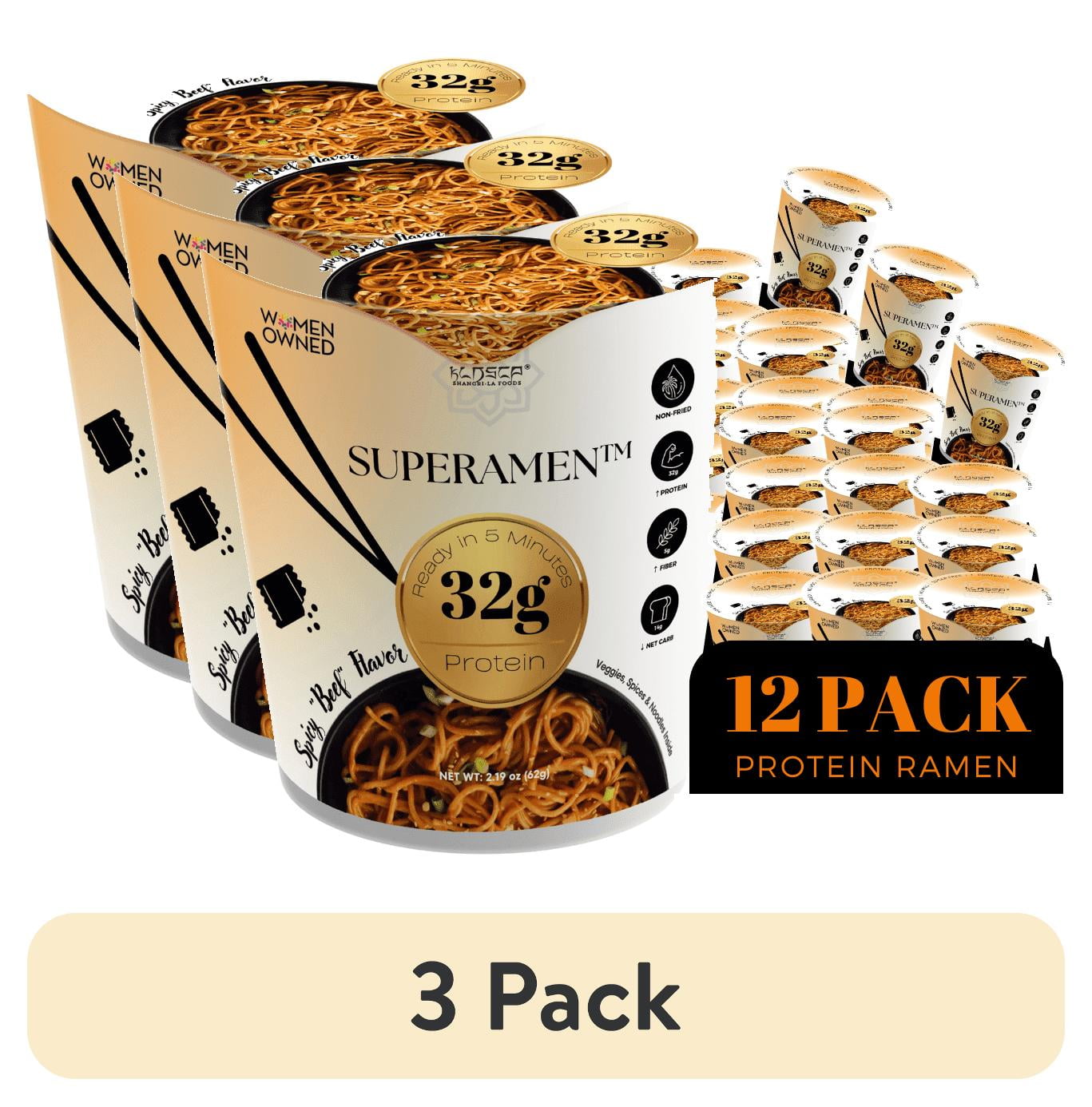 (3 pack) KLDSCP Spicy "Beef" Ramen Instant 32g Protein, 12g Fiber, 100% Plant Based 12 Pack