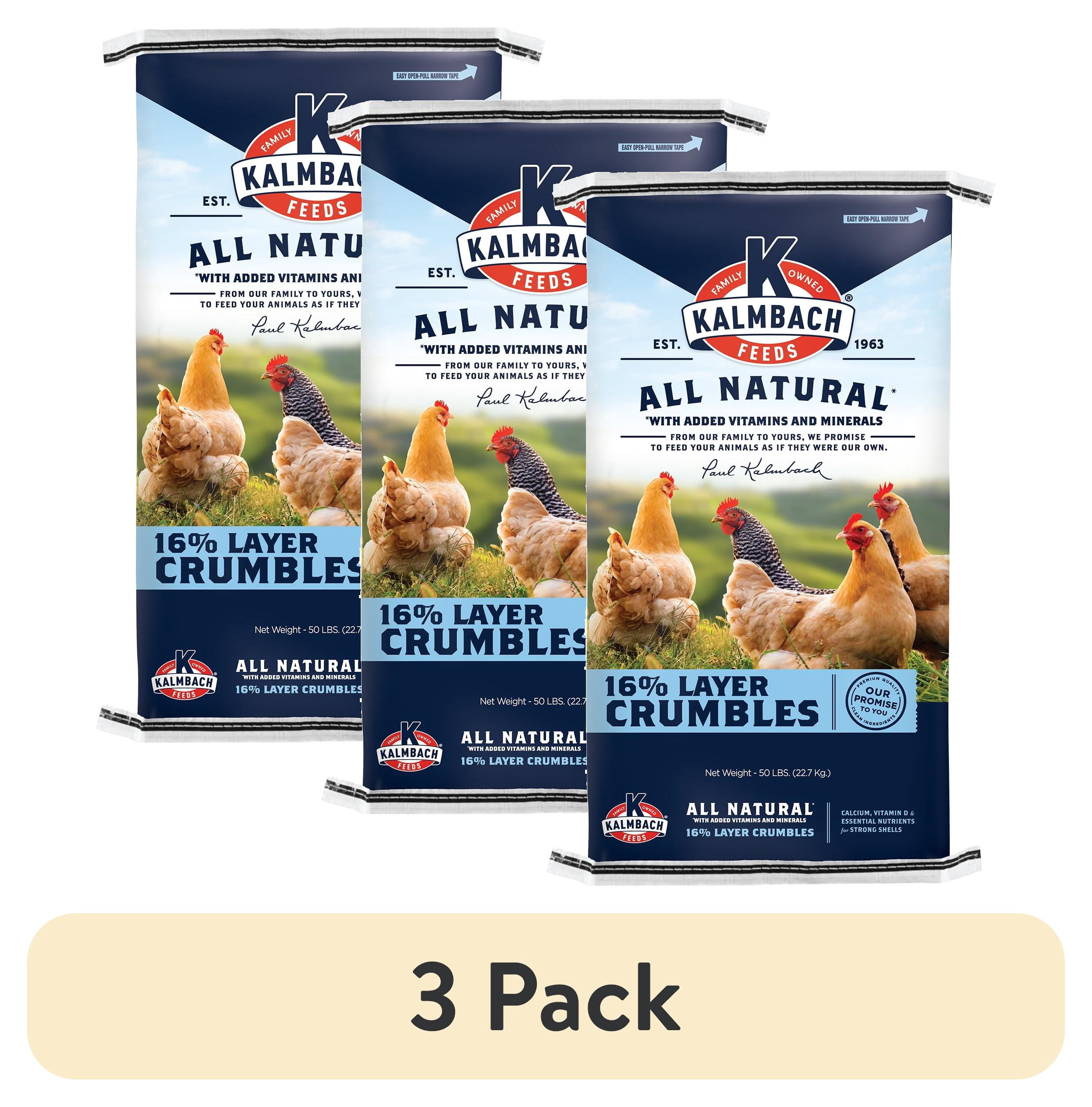 (3 pack) Kalmbach Feeds All Natural 16% Layer Crumbles Chicken Feed, 50 lb