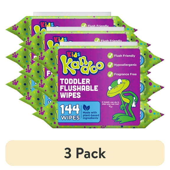 (3 pack) Kandoo Kids Sensitive Flushable Cleansing Wet Wipes, Potty Training Aid, Fragrance Free, 144 Wipes