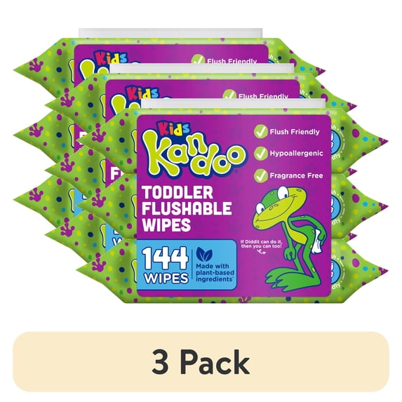 (3 pack) Kandoo Kids Sensitive Flushable Cleansing Wet Wipes, Potty Training Aid, Fragrance Free, 144 Wipes